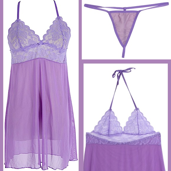Purple Sheer & Lace Babydoll w/ G String NWT - Picture 3 of 7
